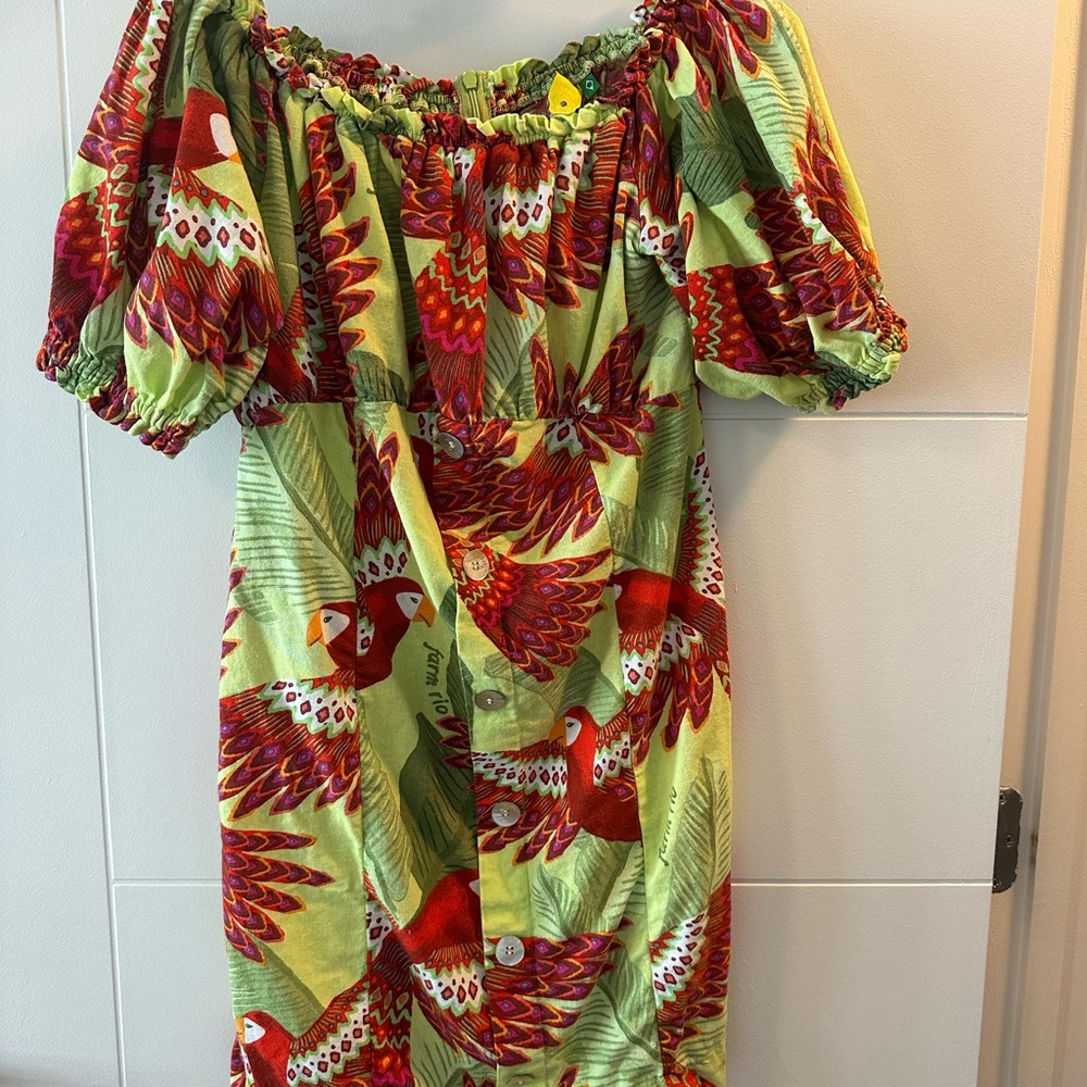 FARM Rio Strapless Dress with Parrot Print in Red and Green